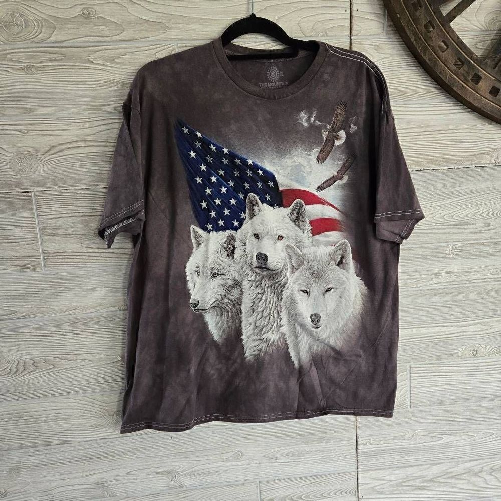The Mountain Tiedye Wolves Bald Eagle American Flag TShirt SZ XL Patriotic Susta